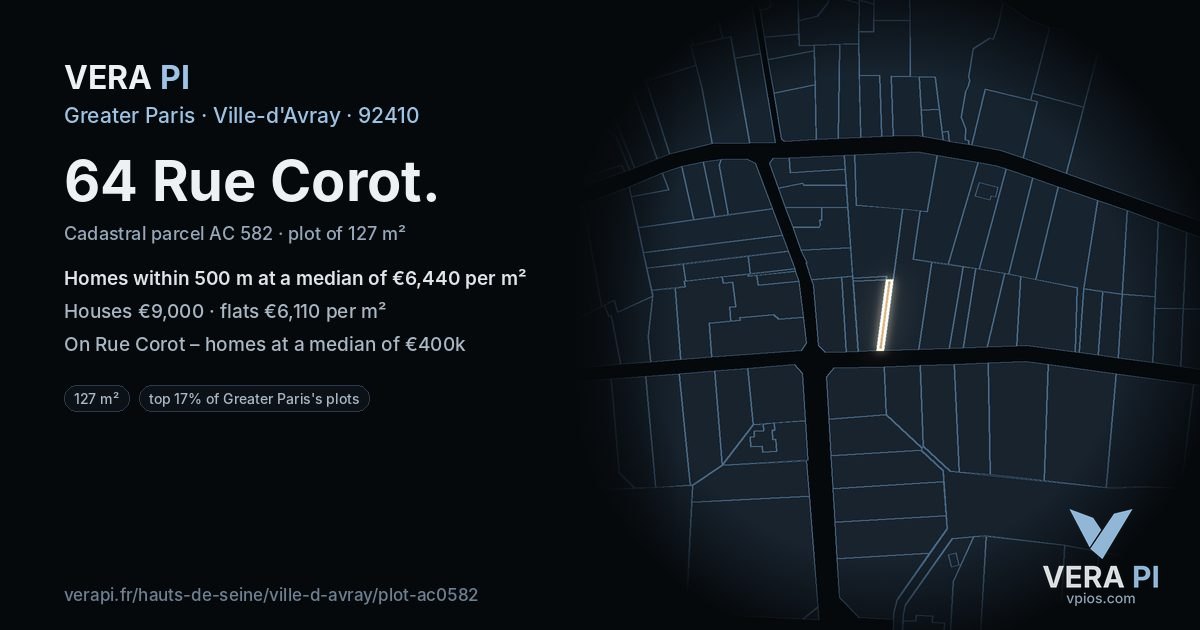 64 Rue Corot, Ville-d'Avray at night – the plot lit, the parcels around coloured by the prices near them