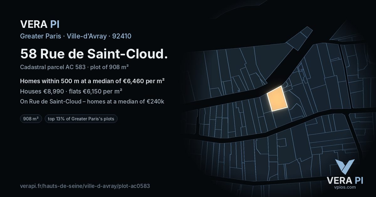 58 Rue de Saint-Cloud, Ville-d'Avray at night – the plot lit, the parcels around coloured by the prices near them