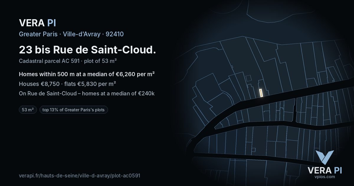 23 bis Rue de Saint-Cloud, Ville-d'Avray at night – the plot lit, the parcels around coloured by the prices near them