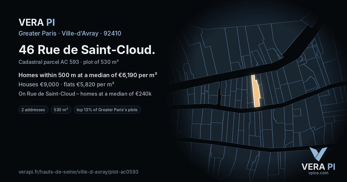 46 Rue de Saint-Cloud, Ville-d'Avray at night – the plot lit, the parcels around coloured by the prices near them