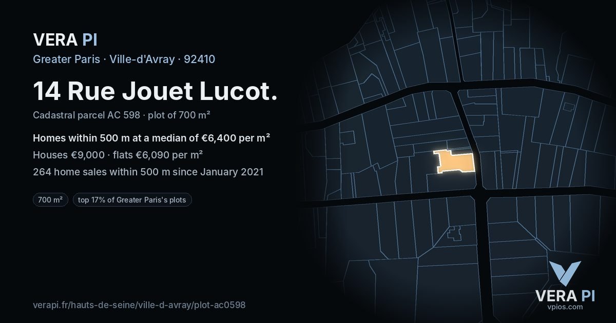 14 Rue Jouet Lucot, Ville-d'Avray at night – the plot lit, the parcels around coloured by the prices near them