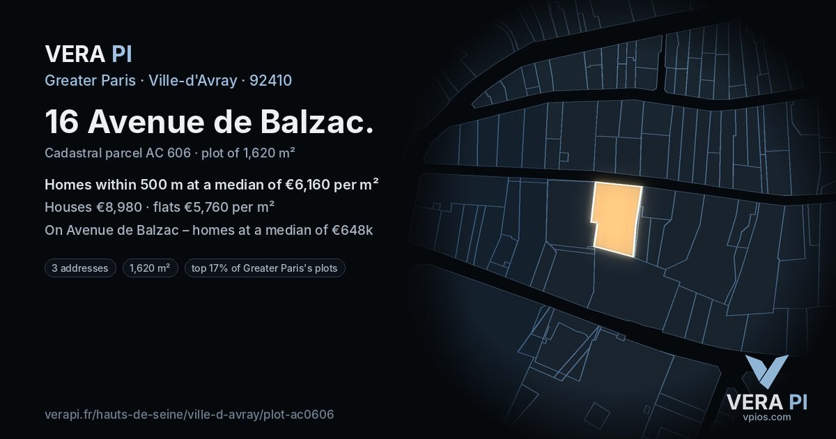 16 Avenue de Balzac, Ville-d'Avray at night – the plot lit, the parcels around coloured by the prices near them