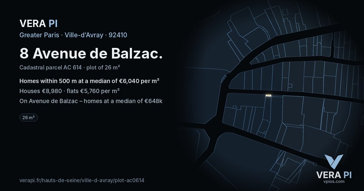 8 Avenue de Balzac, Ville-d'Avray at night – the plot lit, the parcels around coloured by the prices near them