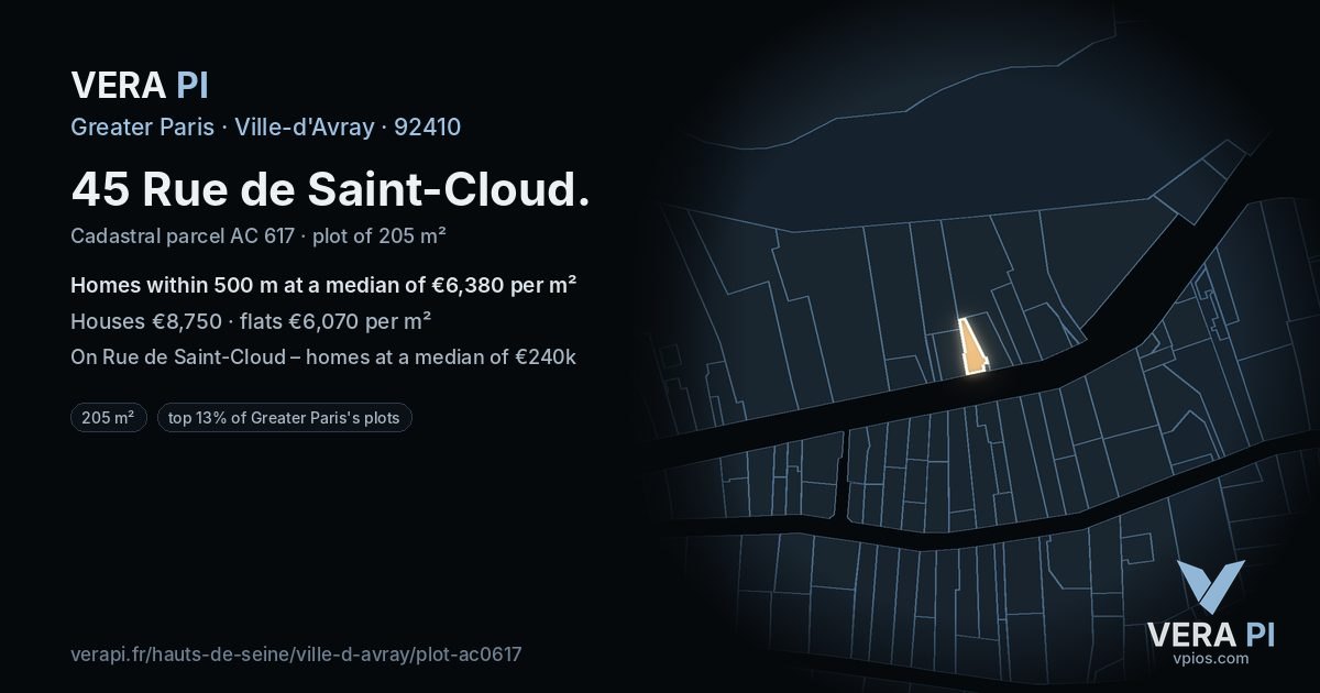 45 Rue de Saint-Cloud, Ville-d'Avray at night – the plot lit, the parcels around coloured by the prices near them