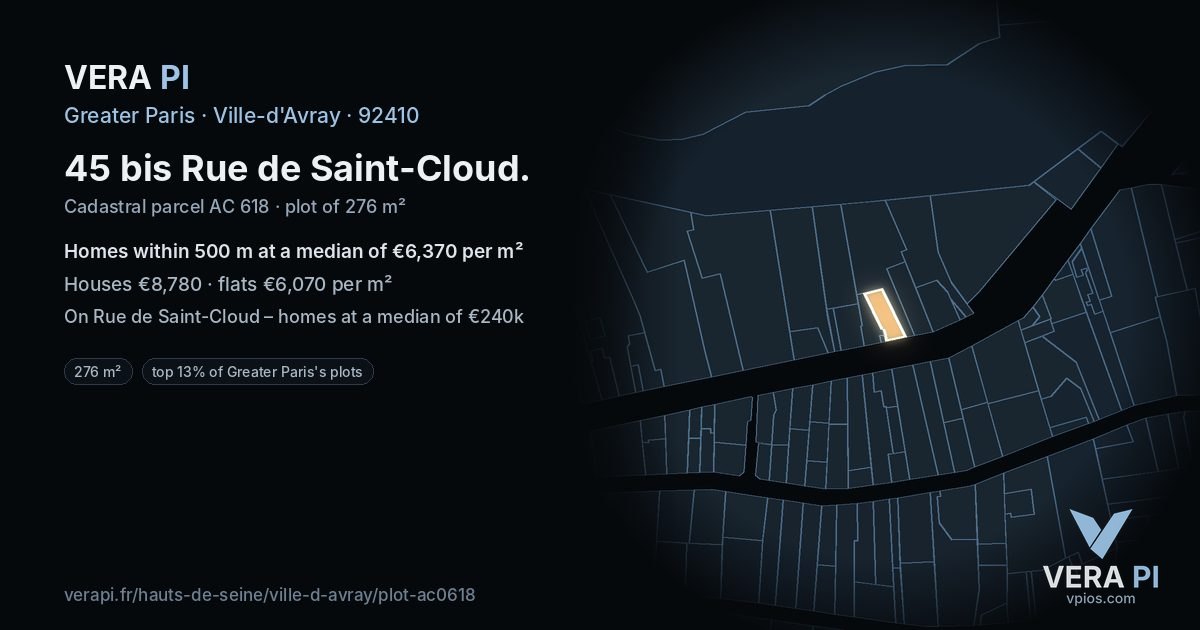 45 bis Rue de Saint-Cloud, Ville-d'Avray at night – the plot lit, the parcels around coloured by the prices near them