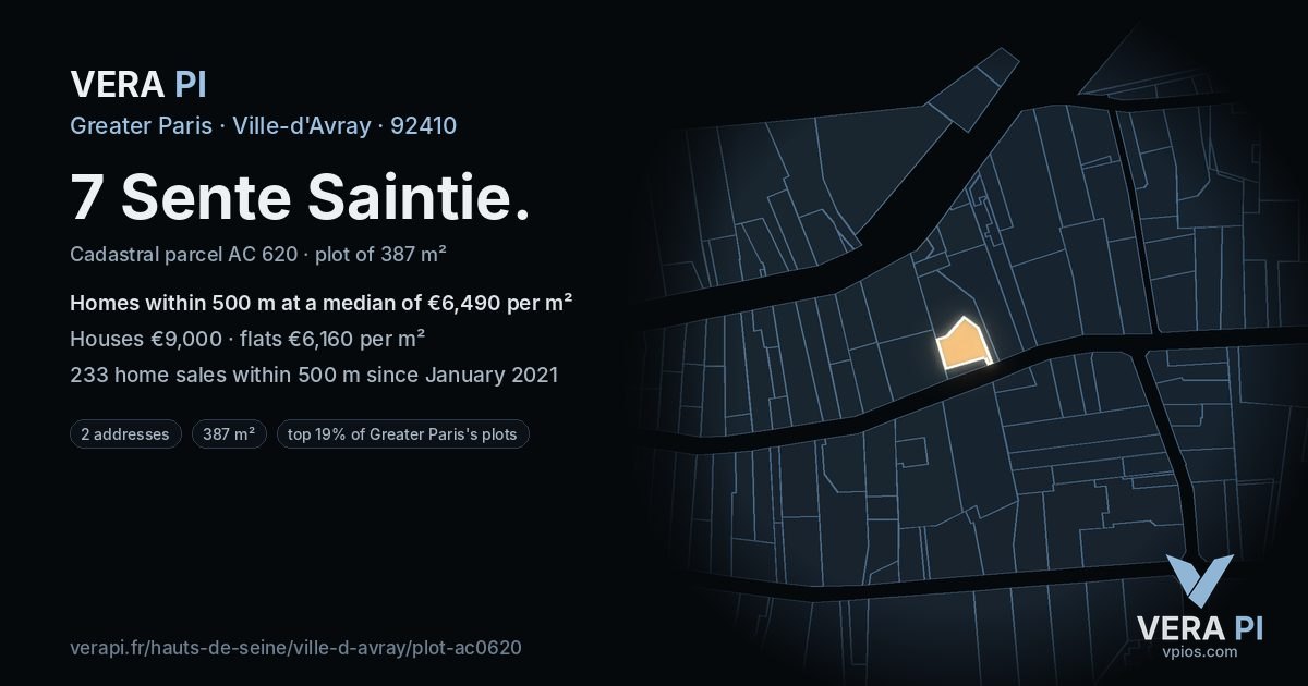 7 Sente Saintie, Ville-d'Avray at night – the plot lit, the parcels around coloured by the prices near them