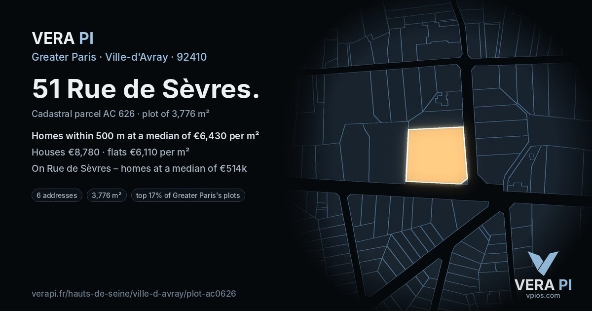 51 Rue de Sèvres, Ville-d'Avray at night – the plot lit, the parcels around coloured by the prices near them