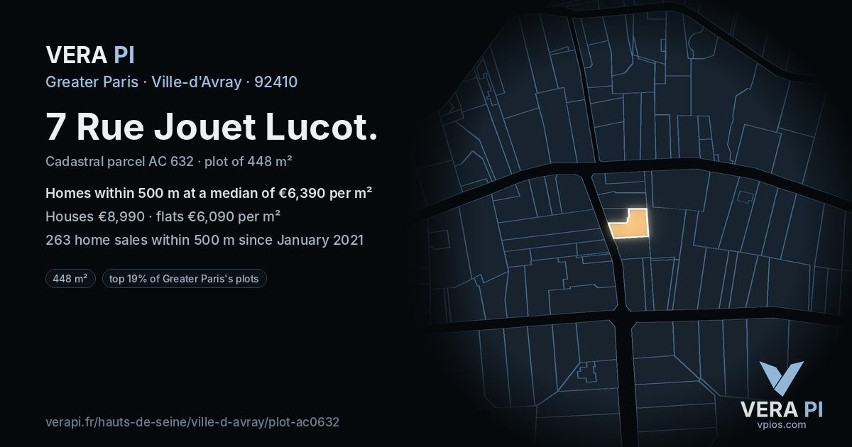 7 Rue Jouet Lucot, Ville-d'Avray at night – the plot lit, the parcels around coloured by the prices near them