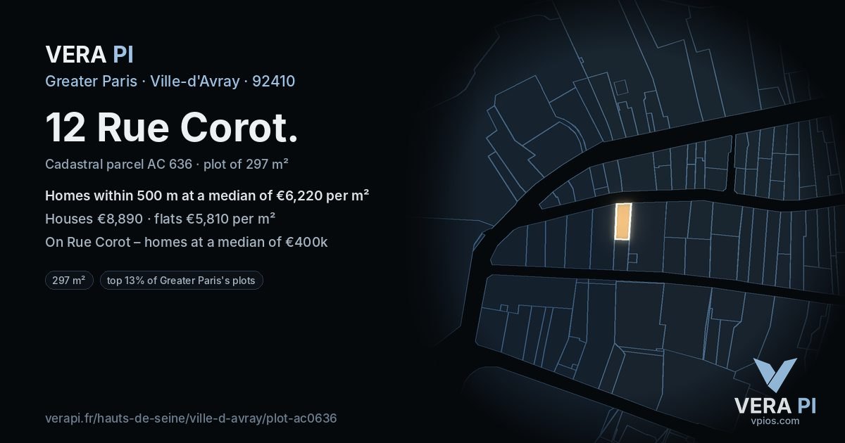 12 Rue Corot, Ville-d'Avray at night – the plot lit, the parcels around coloured by the prices near them