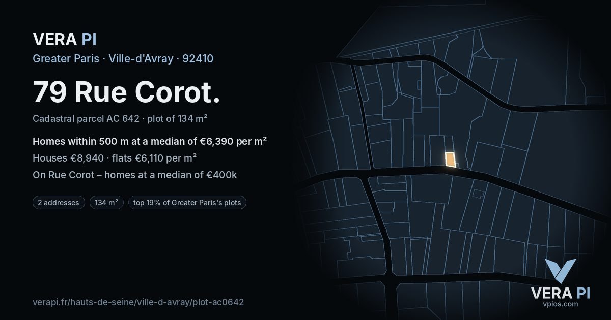 79 Rue Corot, Ville-d'Avray at night – the plot lit, the parcels around coloured by the prices near them