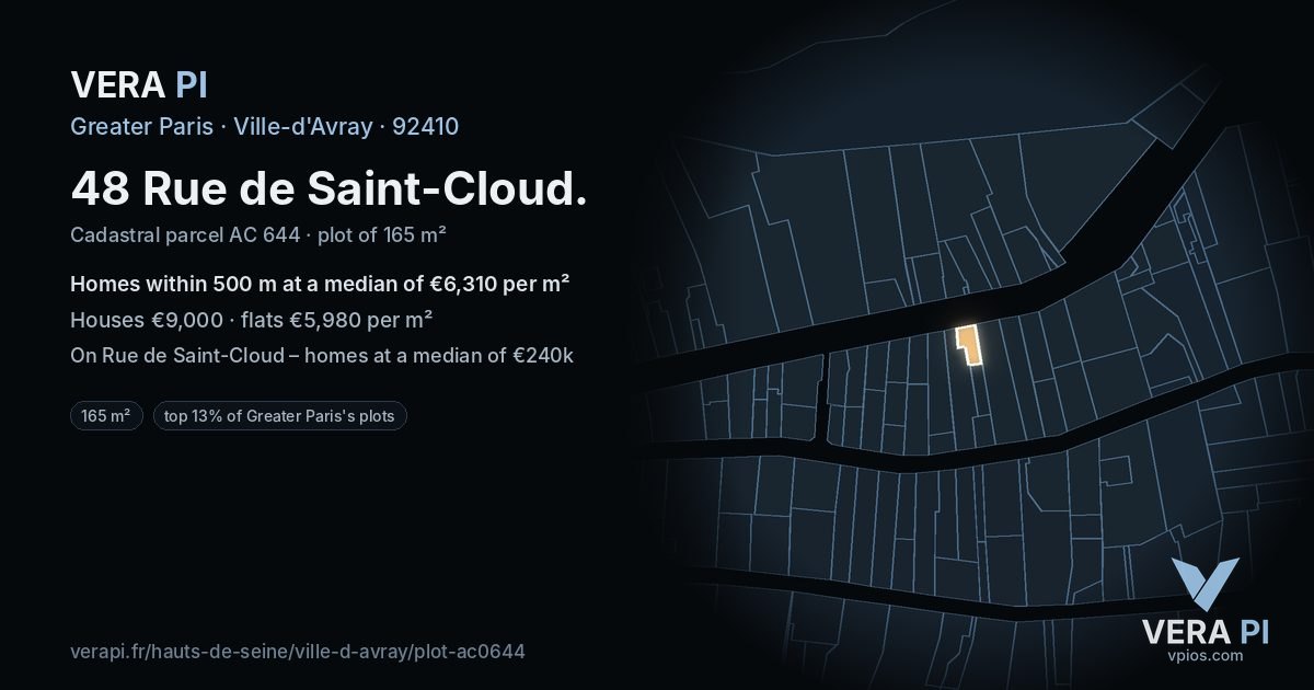48 Rue de Saint-Cloud, Ville-d'Avray at night – the plot lit, the parcels around coloured by the prices near them