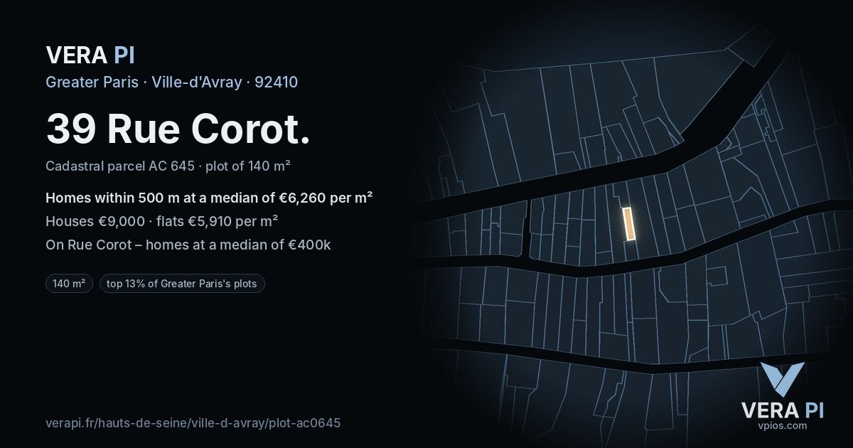 39 Rue Corot, Ville-d'Avray at night – the plot lit, the parcels around coloured by the prices near them