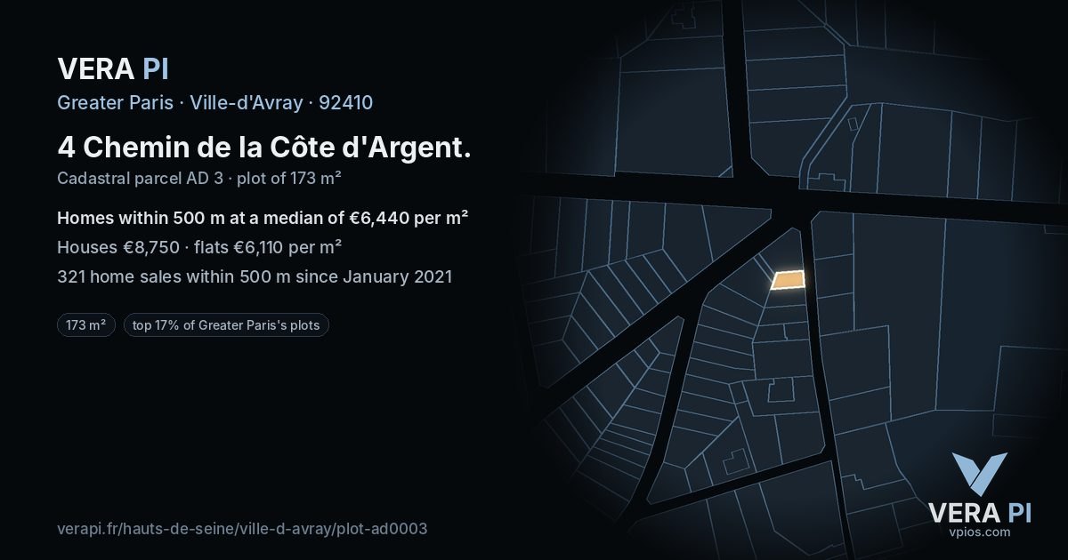 4 Chemin de la Côte d'Argent, Ville-d'Avray at night – the plot lit, the parcels around coloured by the prices near them