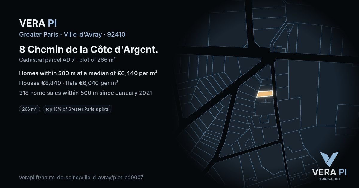 8 Chemin de la Côte d'Argent, Ville-d'Avray at night – the plot lit, the parcels around coloured by the prices near them