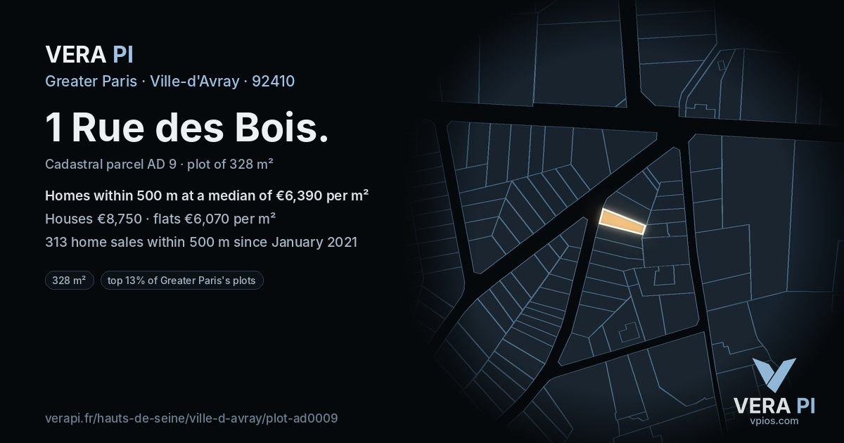 1 Rue des Bois, Ville-d'Avray at night – the plot lit, the parcels around coloured by the prices near them