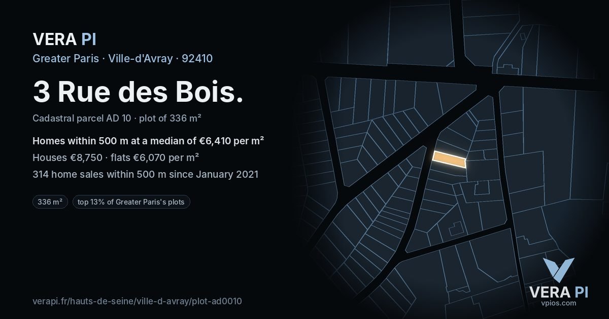 3 Rue des Bois, Ville-d'Avray at night – the plot lit, the parcels around coloured by the prices near them