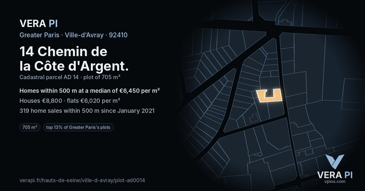 14 Chemin de la Côte d'Argent, Ville-d'Avray at night – the plot lit, the parcels around coloured by the prices near them