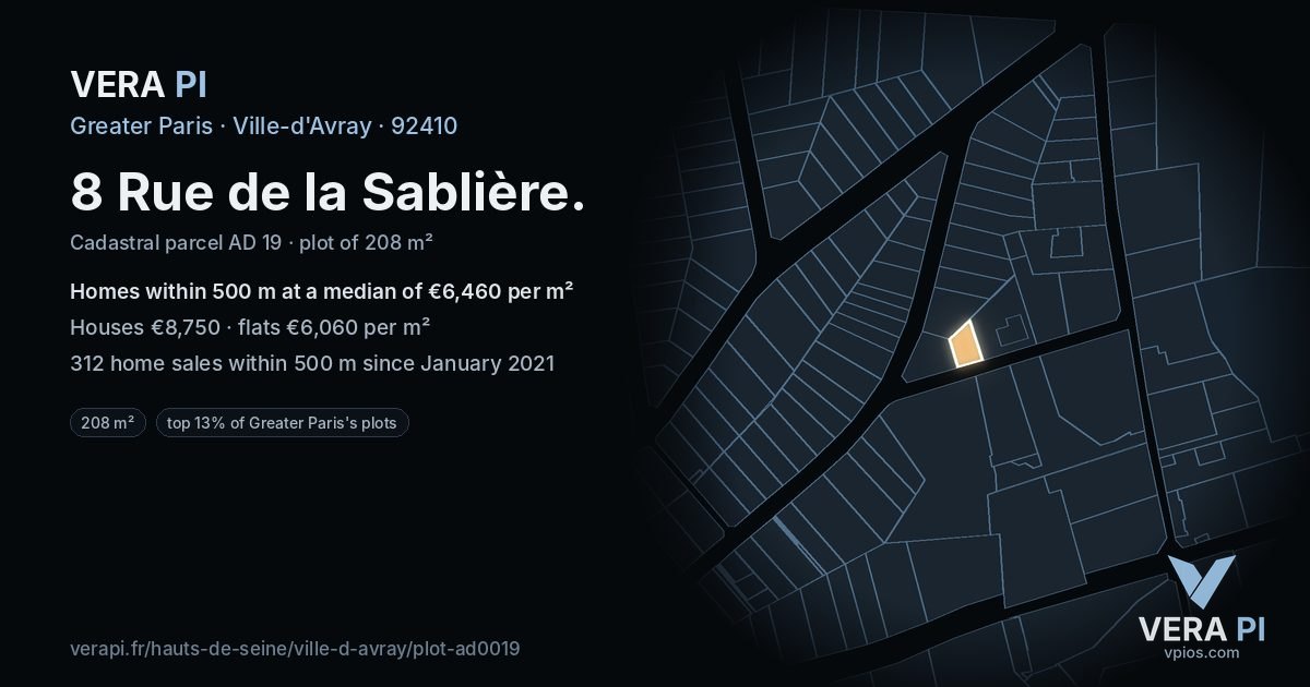 8 Rue de la Sablière, Ville-d'Avray at night – the plot lit, the parcels around coloured by the prices near them