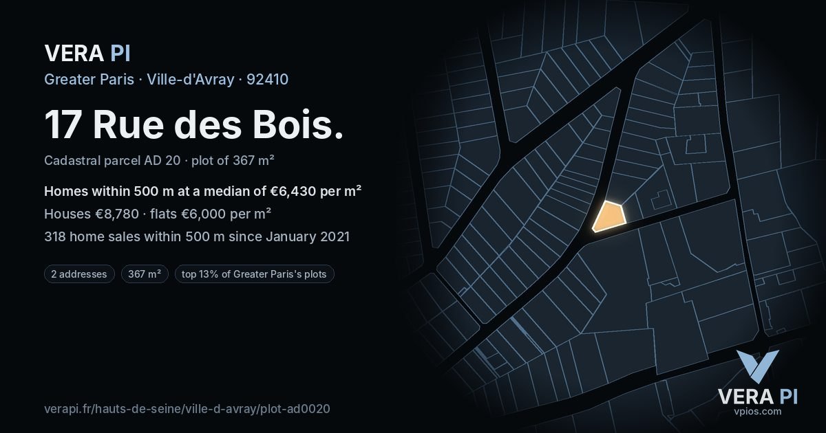 17 Rue des Bois, Ville-d'Avray at night – the plot lit, the parcels around coloured by the prices near them
