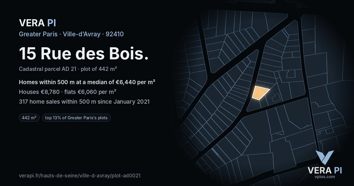 15 Rue des Bois, Ville-d'Avray at night – the plot lit, the parcels around coloured by the prices near them