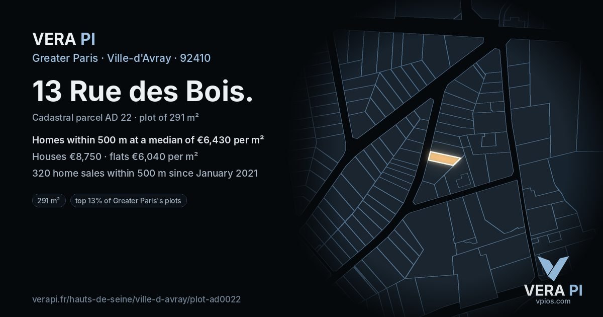 13 Rue des Bois, Ville-d'Avray at night – the plot lit, the parcels around coloured by the prices near them