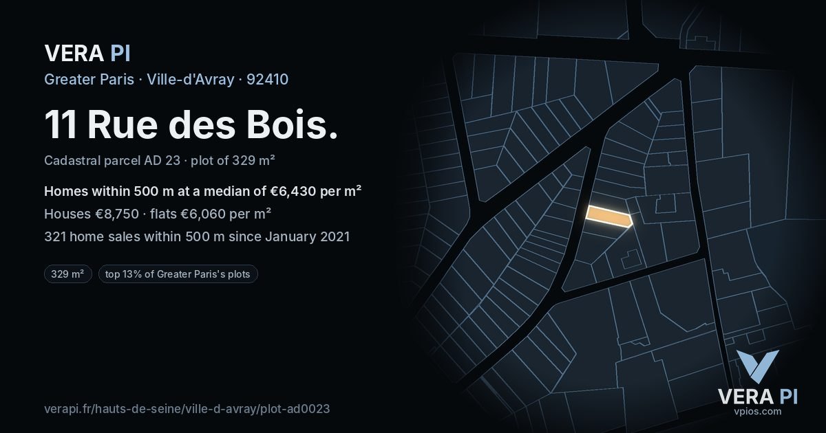 11 Rue des Bois, Ville-d'Avray at night – the plot lit, the parcels around coloured by the prices near them