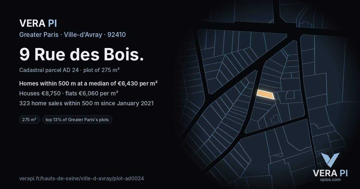 9 Rue des Bois, Ville-d'Avray at night – the plot lit, the parcels around coloured by the prices near them