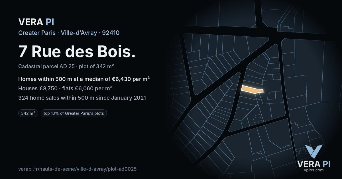 7 Rue des Bois, Ville-d'Avray at night – the plot lit, the parcels around coloured by the prices near them