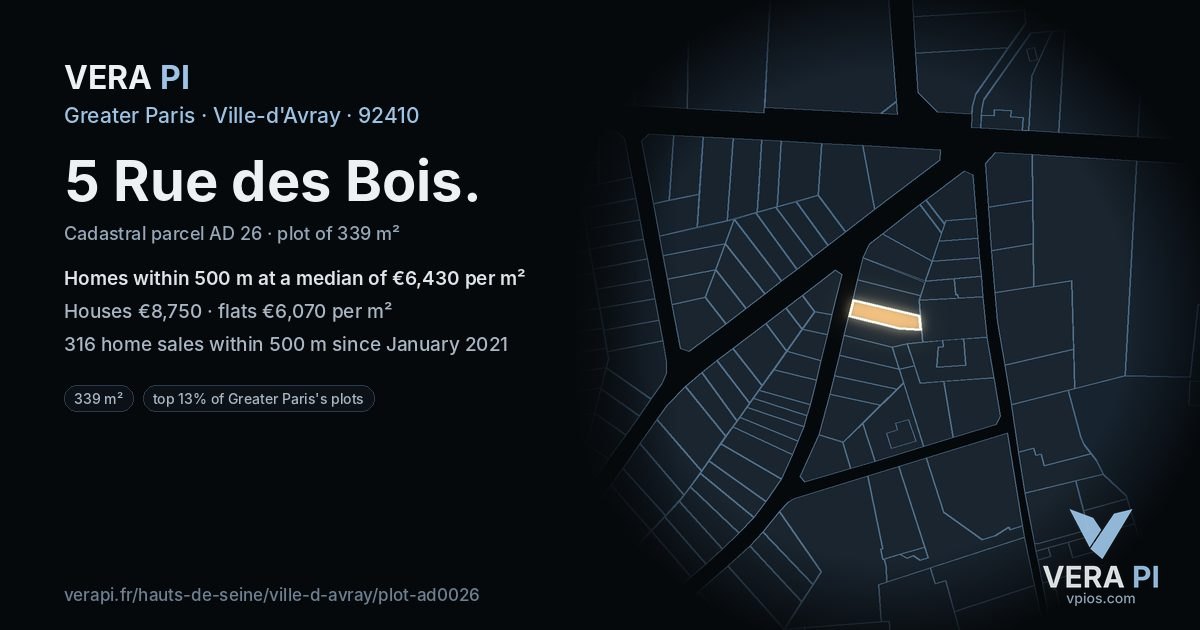 5 Rue des Bois, Ville-d'Avray at night – the plot lit, the parcels around coloured by the prices near them