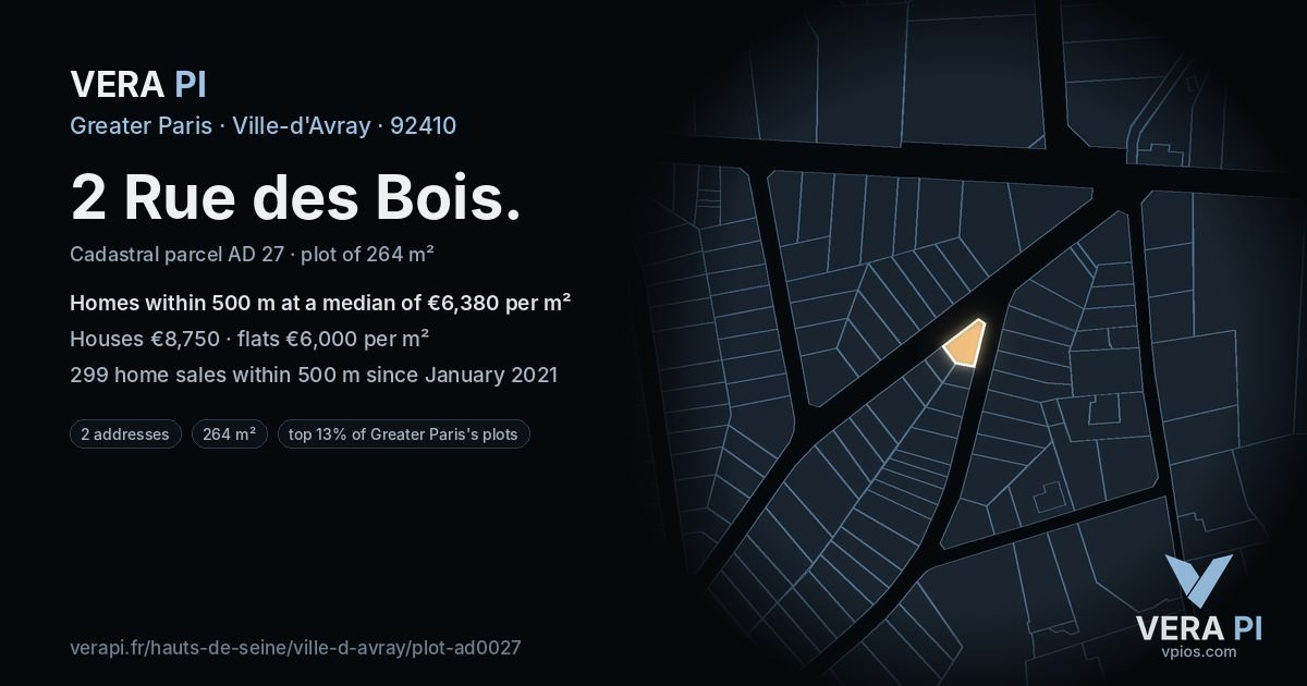 2 Rue des Bois, Ville-d'Avray at night – the plot lit, the parcels around coloured by the prices near them