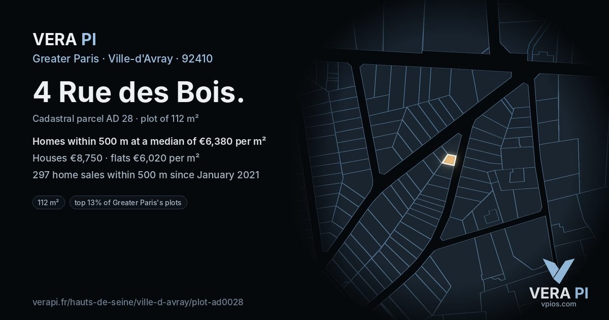 4 Rue des Bois, Ville-d'Avray at night – the plot lit, the parcels around coloured by the prices near them