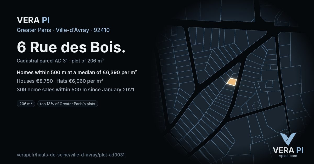6 Rue des Bois, Ville-d'Avray at night – the plot lit, the parcels around coloured by the prices near them