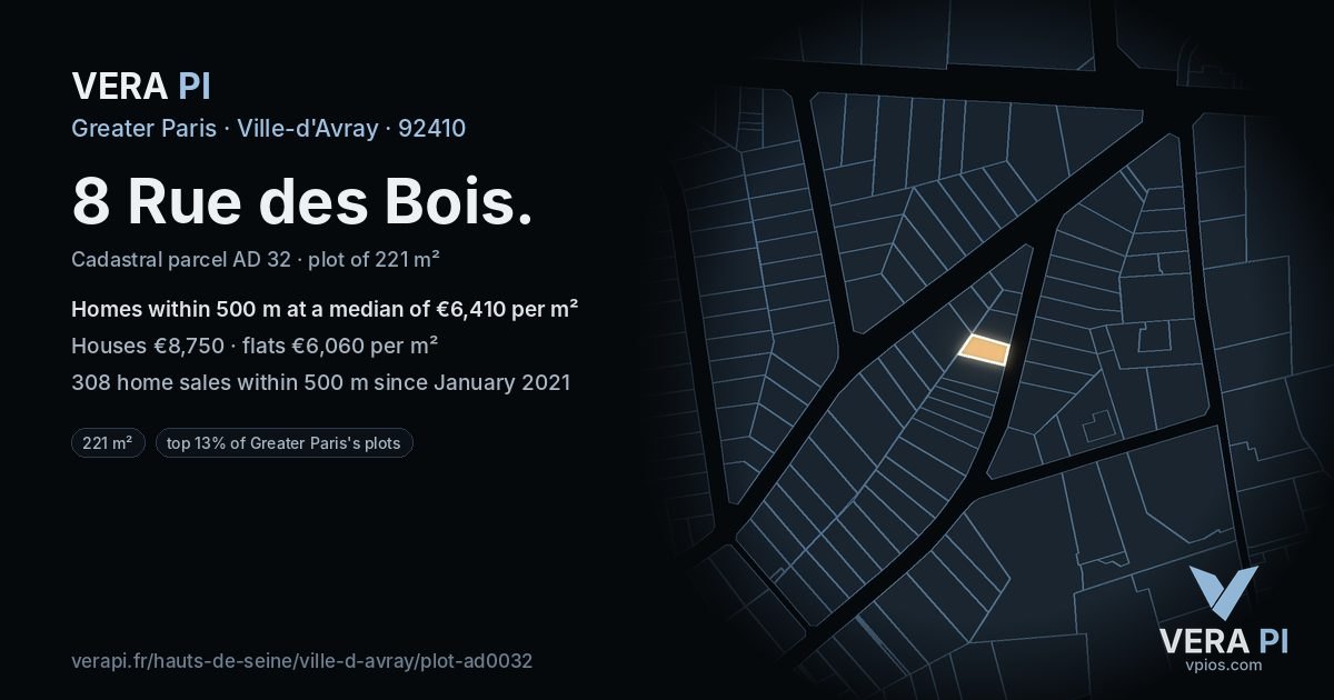 8 Rue des Bois, Ville-d'Avray at night – the plot lit, the parcels around coloured by the prices near them