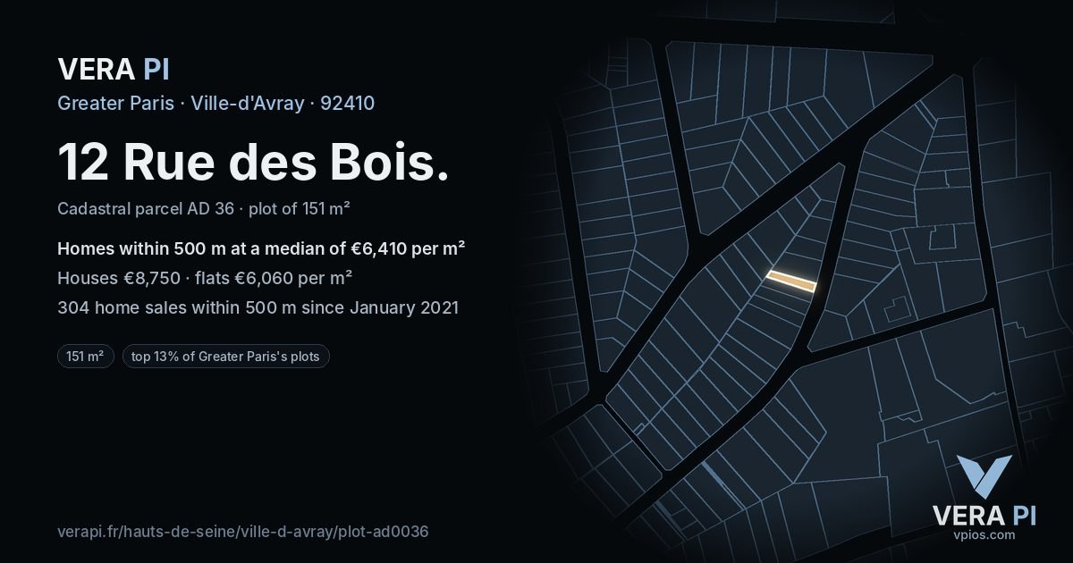 12 Rue des Bois, Ville-d'Avray at night – the plot lit, the parcels around coloured by the prices near them