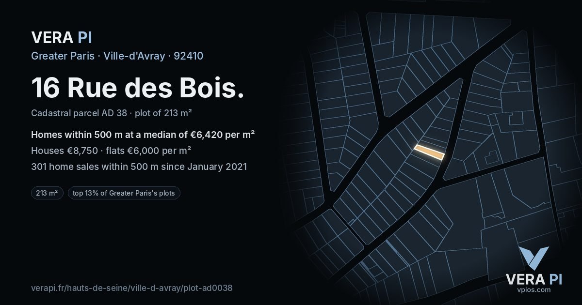 16 Rue des Bois, Ville-d'Avray at night – the plot lit, the parcels around coloured by the prices near them