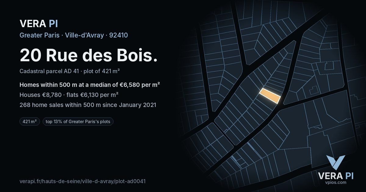 20 Rue des Bois, Ville-d'Avray at night – the plot lit, the parcels around coloured by the prices near them