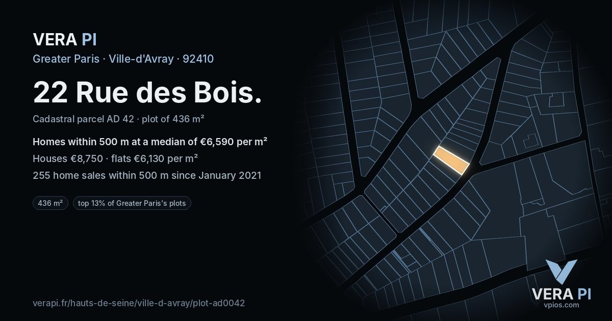 22 Rue des Bois, Ville-d'Avray at night – the plot lit, the parcels around coloured by the prices near them