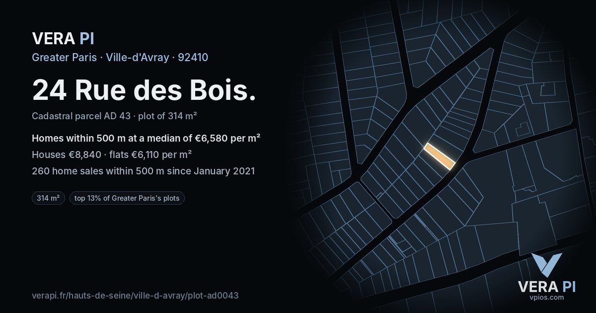 24 Rue des Bois, Ville-d'Avray at night – the plot lit, the parcels around coloured by the prices near them