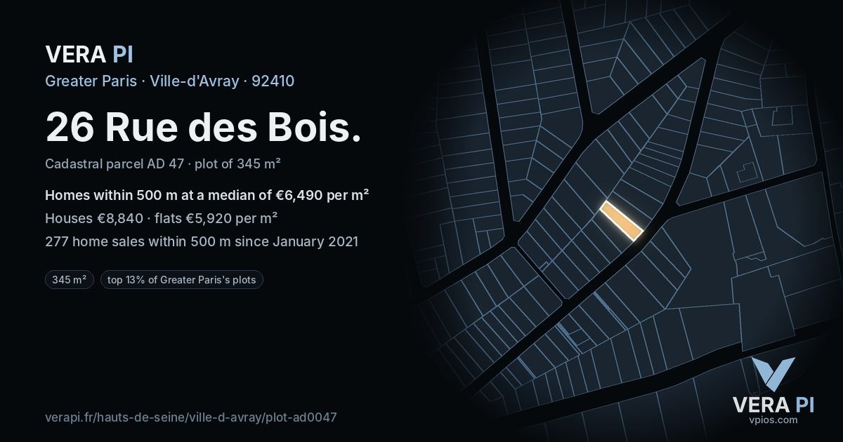 26 Rue des Bois, Ville-d'Avray at night – the plot lit, the parcels around coloured by the prices near them