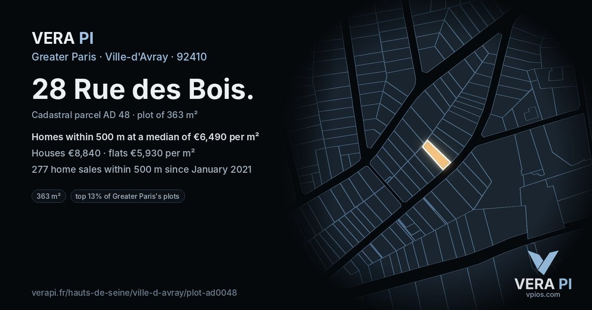 28 Rue des Bois, Ville-d'Avray at night – the plot lit, the parcels around coloured by the prices near them