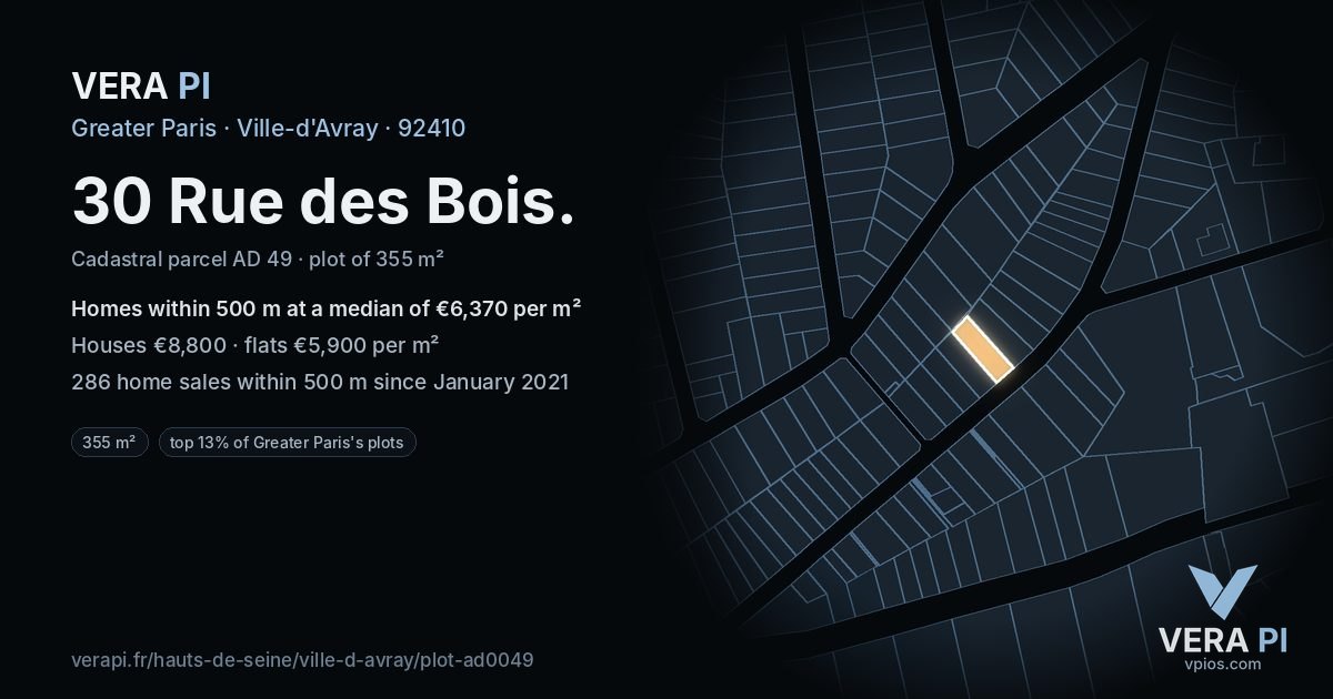 30 Rue des Bois, Ville-d'Avray at night – the plot lit, the parcels around coloured by the prices near them