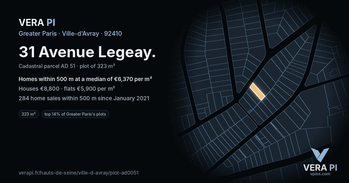 31 Avenue Legeay, Ville-d'Avray at night – the plot lit, the parcels around coloured by the prices near them
