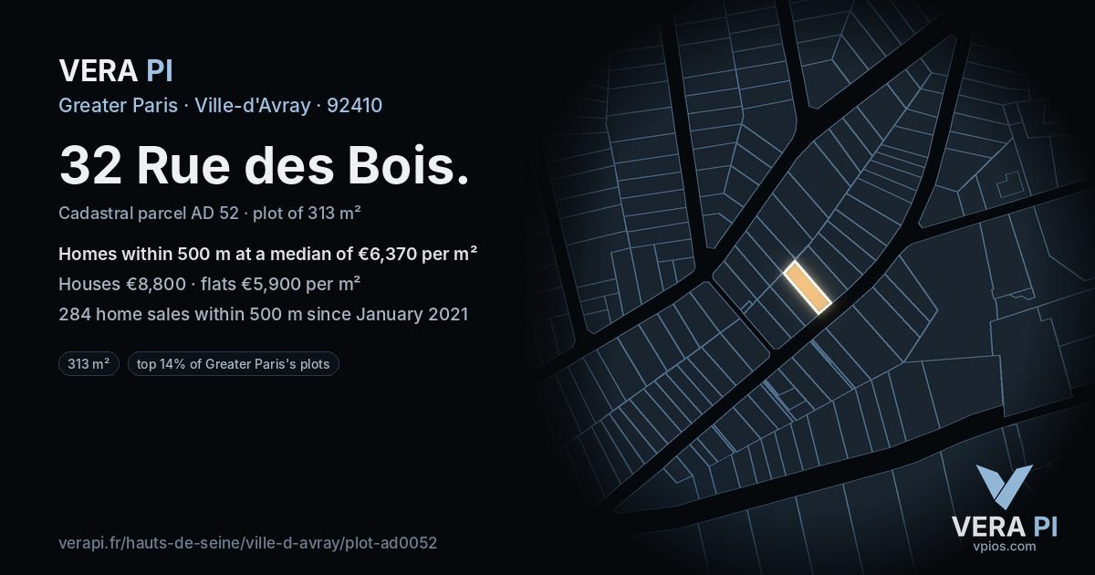32 Rue des Bois, Ville-d'Avray at night – the plot lit, the parcels around coloured by the prices near them