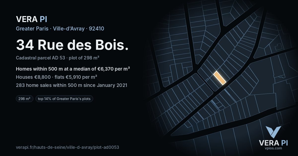 34 Rue des Bois, Ville-d'Avray at night – the plot lit, the parcels around coloured by the prices near them