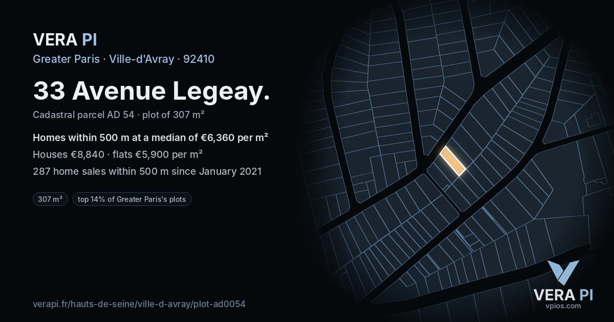 33 Avenue Legeay, Ville-d'Avray at night – the plot lit, the parcels around coloured by the prices near them