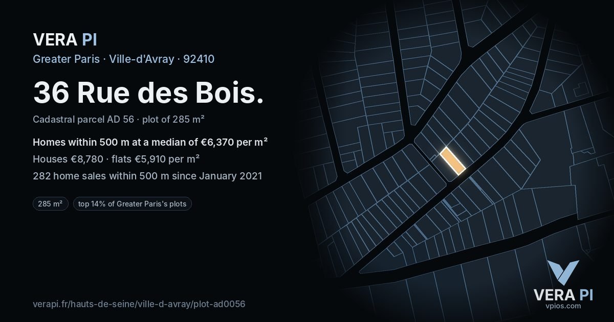 36 Rue des Bois, Ville-d'Avray at night – the plot lit, the parcels around coloured by the prices near them