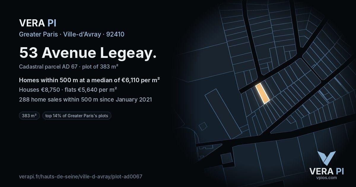 53 Avenue Legeay, Ville-d'Avray at night – the plot lit, the parcels around coloured by the prices near them