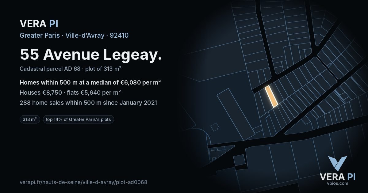 55 Avenue Legeay, Ville-d'Avray at night – the plot lit, the parcels around coloured by the prices near them