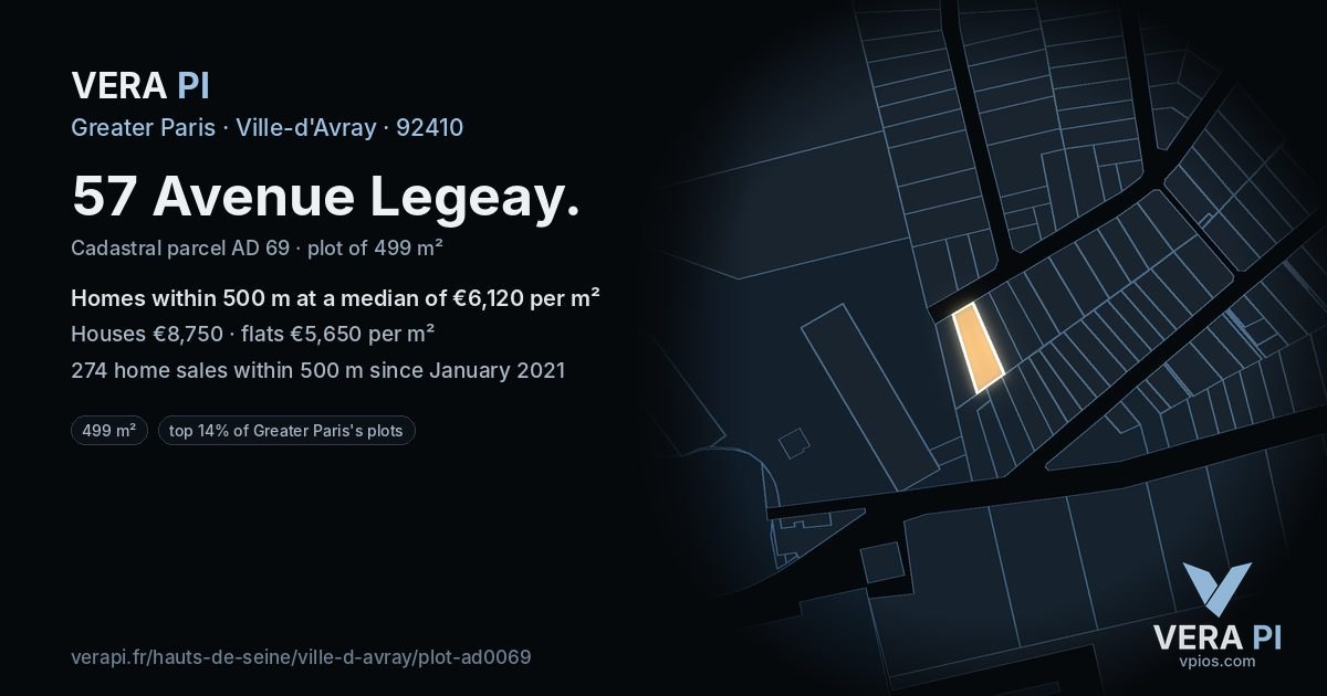 57 Avenue Legeay, Ville-d'Avray at night – the plot lit, the parcels around coloured by the prices near them