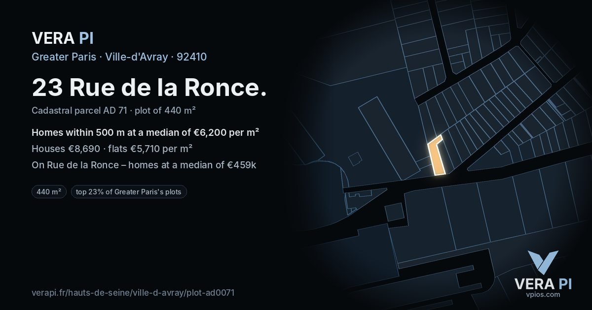 23 Rue de la Ronce, Ville-d'Avray at night – the plot lit, the parcels around coloured by the prices near them